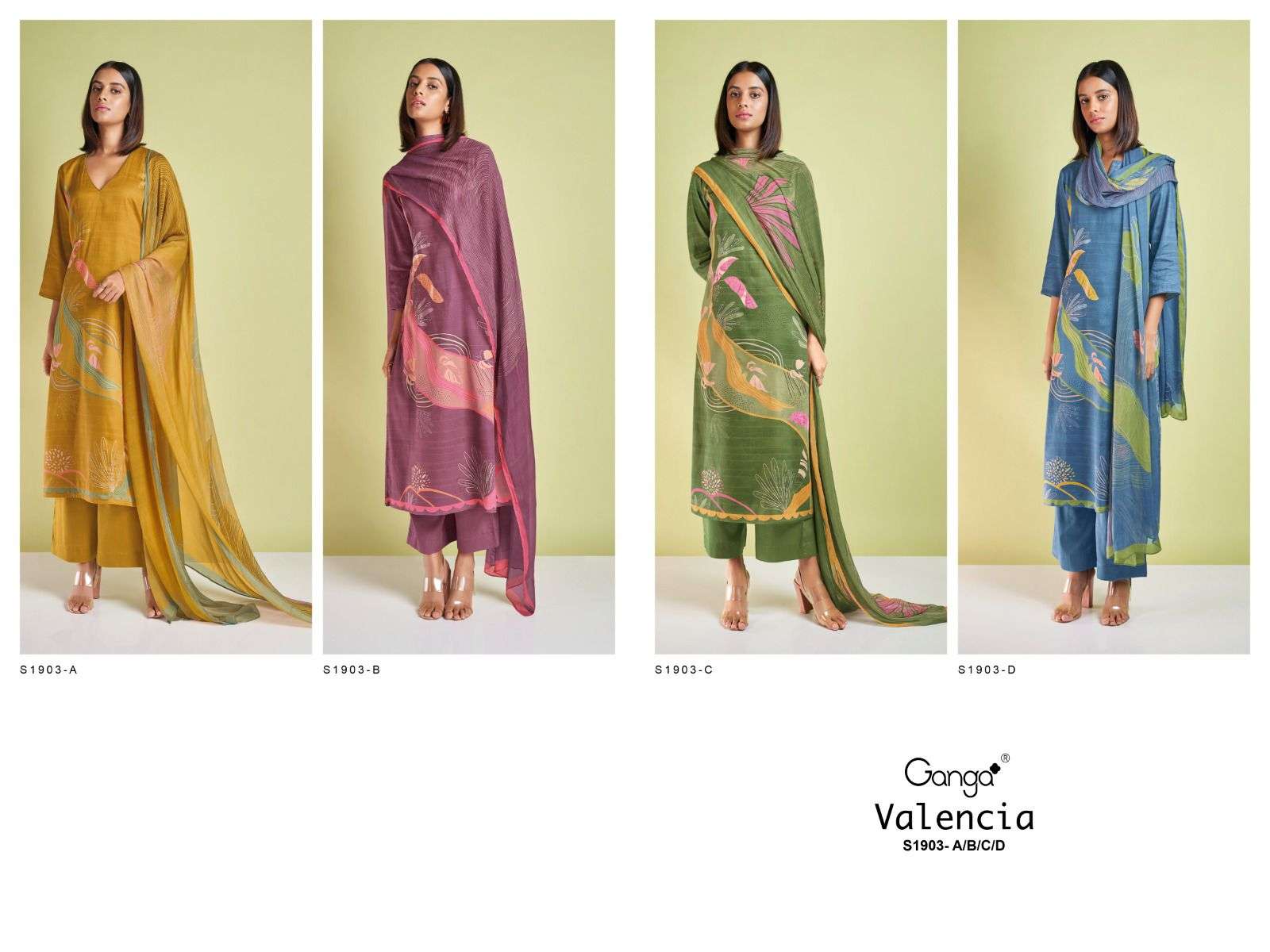 Valencia-1903 By Ganga Fashion 1903-A To 1903-D Series Beautiful Stylish Festive Suits Fancy Colorful Casual Wear & Ethnic Wear & Ready To Wear Cotton Silk Embroidered Dresses At Wholesale Price