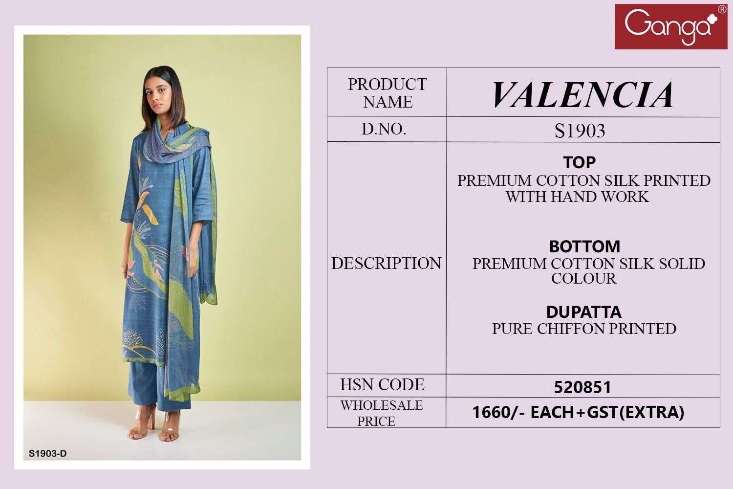 Valencia-1903 By Ganga Fashion 1903-A To 1903-D Series Beautiful Stylish Festive Suits Fancy Colorful Casual Wear & Ethnic Wear & Ready To Wear Cotton Silk Embroidered Dresses At Wholesale Price