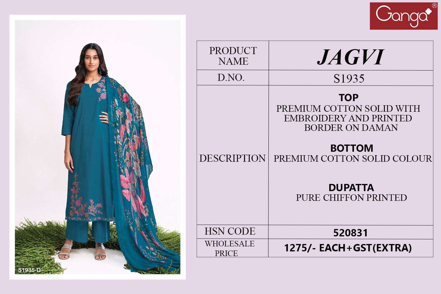 Jagvi-1935 By Ganga Fashion 1935-A To 1935-D Series Beautiful Suits Colorful Stylish Fancy Casual Wear & Ethnic Wear Premium Cotton Dresses At Wholesale Price