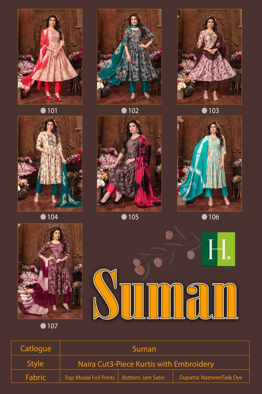 Suman By Hirwa 101 To 107 Series Beautiful Festive Suits Colorful Stylish Fancy Casual Wear & Ethnic Wear Heavy Modal Foil Dresses At Wholesale Price