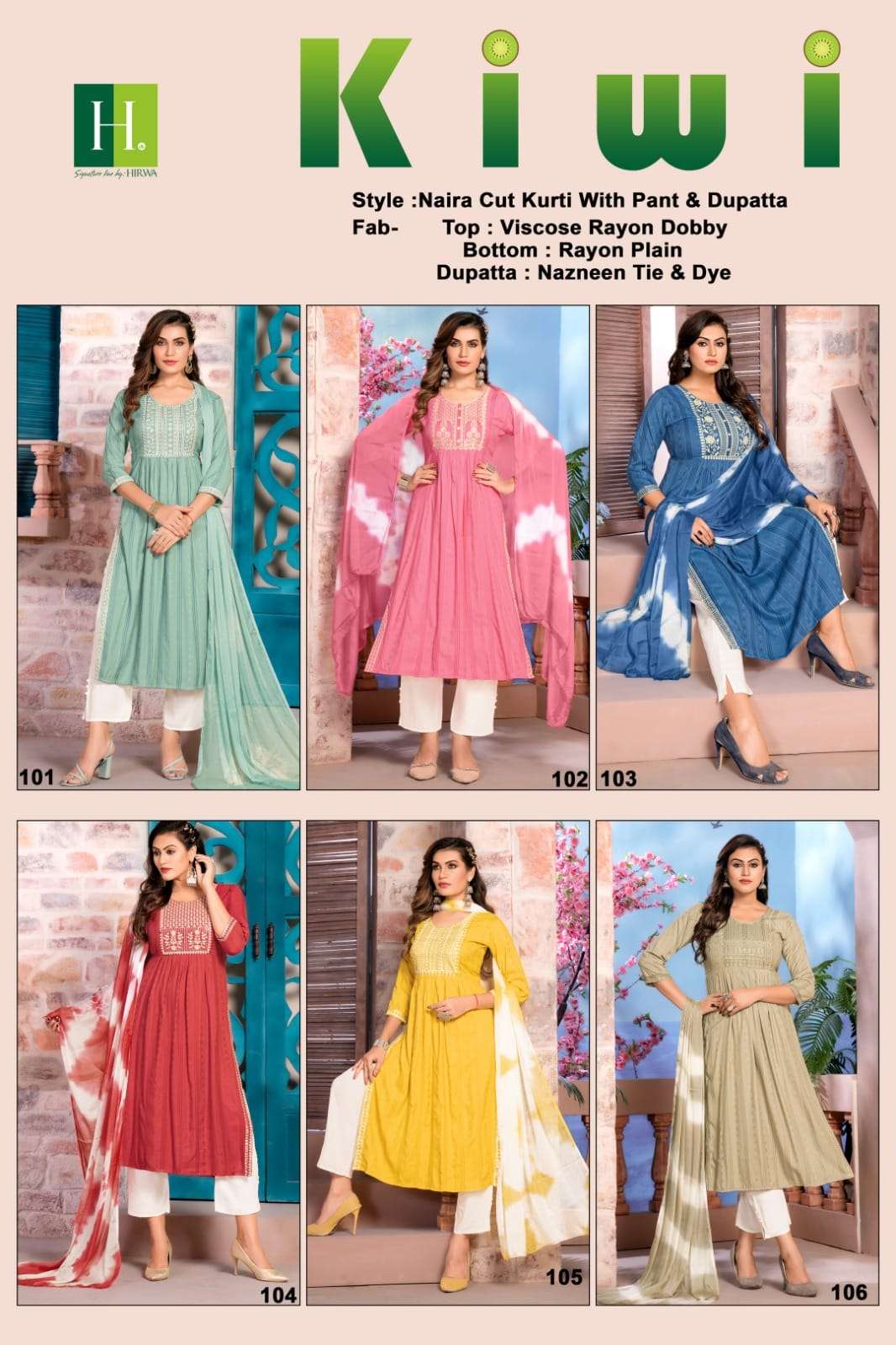 Kiwi By Hirwa 101 To 106 Series Beautiful Festive Suits Colorful Stylish Fancy Casual Wear & Ethnic Wear Viscose Rayon Dresses At Wholesale Price