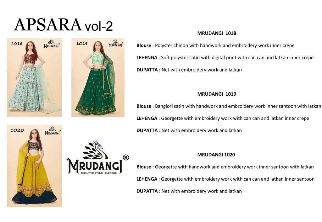 Apsara Vol-2 By Mrudangi 1018 To 1020 Series Indian Traditional Beautiful Stylish Designer Banarasi Silk Jacquard Embroidered Party Wear Satin/Georgette Lehengas At Wholesale Price