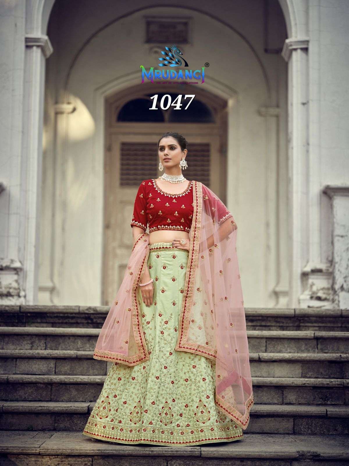 Mayuri By Mrudangi 1047 To 1049 Series Indian Traditional Beautiful Stylish Designer Banarasi Silk Jacquard Embroidered Party Wear Satin Lehengas At Wholesale Price