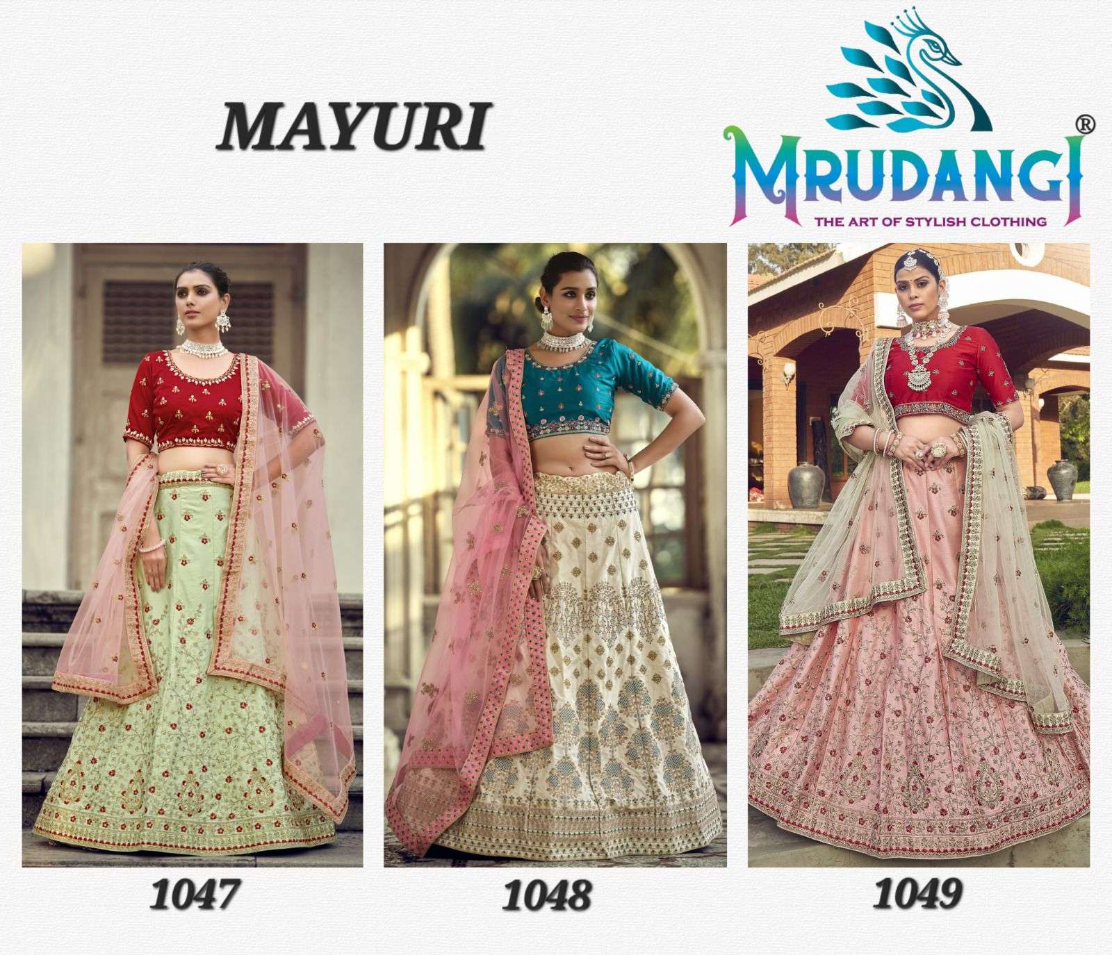 Mayuri By Mrudangi 1047 To 1049 Series Indian Traditional Beautiful Stylish Designer Banarasi Silk Jacquard Embroidered Party Wear Satin Lehengas At Wholesale Price