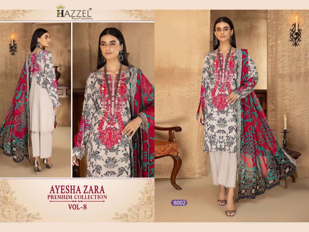Ayesha Zara Premium Collection Vol-8 By Hazzel 8001 To 8002 Series Beautiful Pakistani Suits Stylish Colorful Fancy Casual Wear & Ethnic Wear Pure Cotton Print With Embroidered Dresses At Wholesale Price