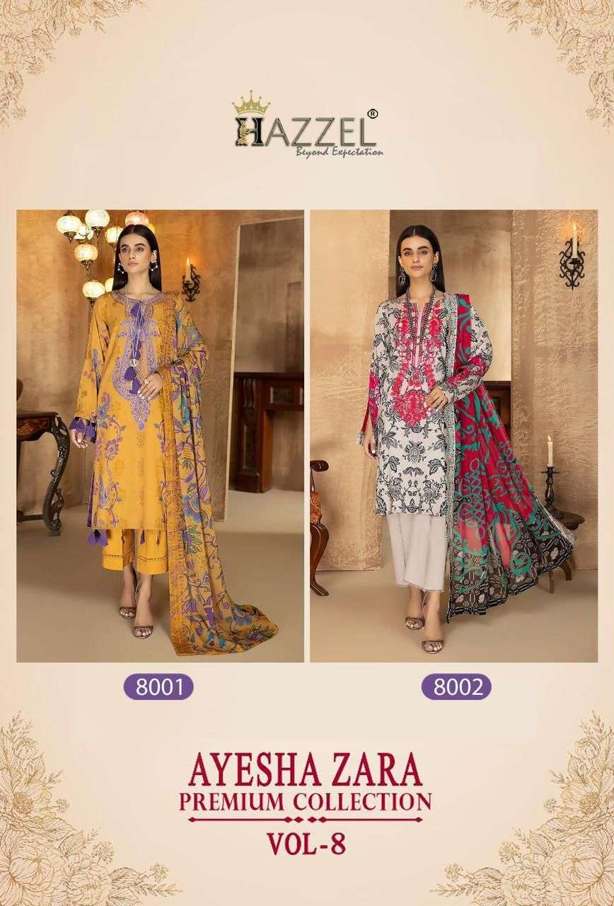 Ayesha Zara Premium Collection Vol-8 By Hazzel 8001 To 8002 Series Beautiful Pakistani Suits Stylish Colorful Fancy Casual Wear & Ethnic Wear Pure Cotton Print With Embroidered Dresses At Wholesale Price