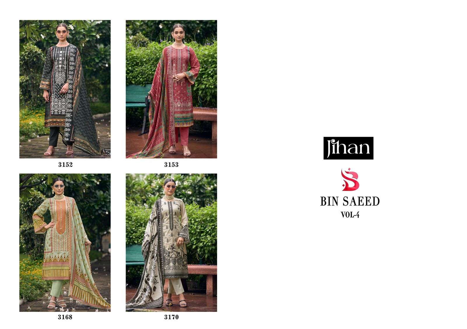 Bin Saeed Vol-4 By Jihan Beautiful Pakistani Suits Colorful Stylish Fancy Casual Wear & Ethnic Wear Lawn Digital Print Dresses At Wholesale Price