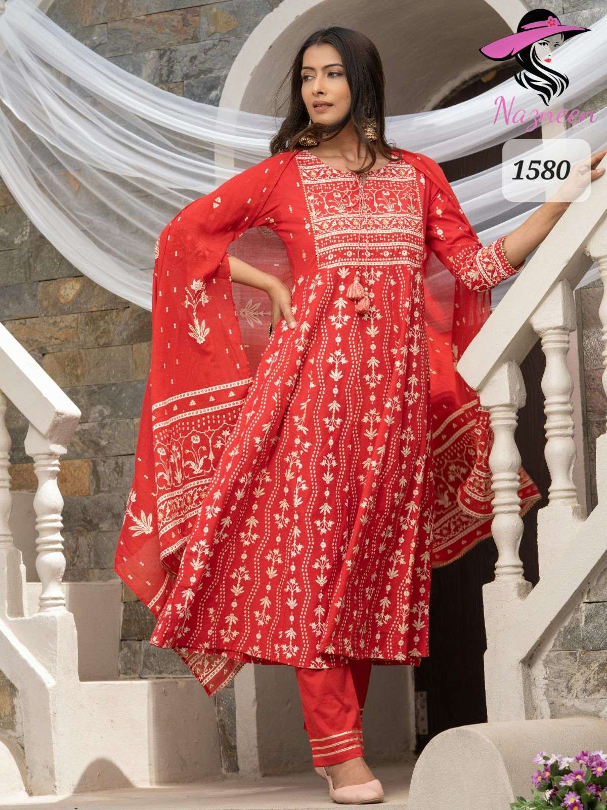 Disha By Nazneen 1579 To 1583 Series Beautiful Anarkali Suits Colorful Stylish Fancy Casual Wear & Ethnic Wear Cambric Cotton With Work Dresses At Wholesale Price