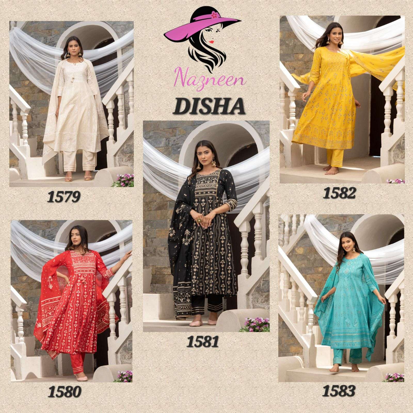 Disha By Nazneen 1579 To 1583 Series Beautiful Anarkali Suits Colorful Stylish Fancy Casual Wear & Ethnic Wear Cambric Cotton With Work Dresses At Wholesale Price