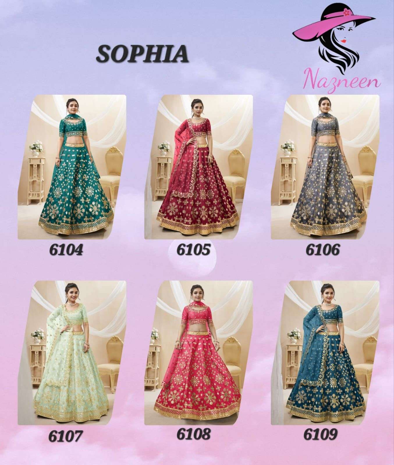 Sophia By Nazneen 6104 To 6109 Series Indian Traditional Beautiful Stylish Designer Banarasi Silk Jacquard Embroidered Party Wear Art Silk Lehengas At Wholesale Price