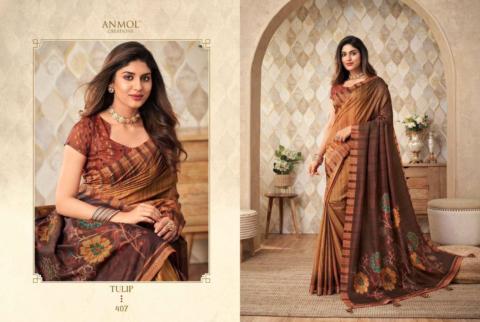 Tulip Vol-4 By Anmol Creation 401 To 409 Series Indian Traditional Wear Collection Beautiful Stylish Fancy Colorful Party Wear & Occasional Wear Fancy Sarees At Wholesale Price
