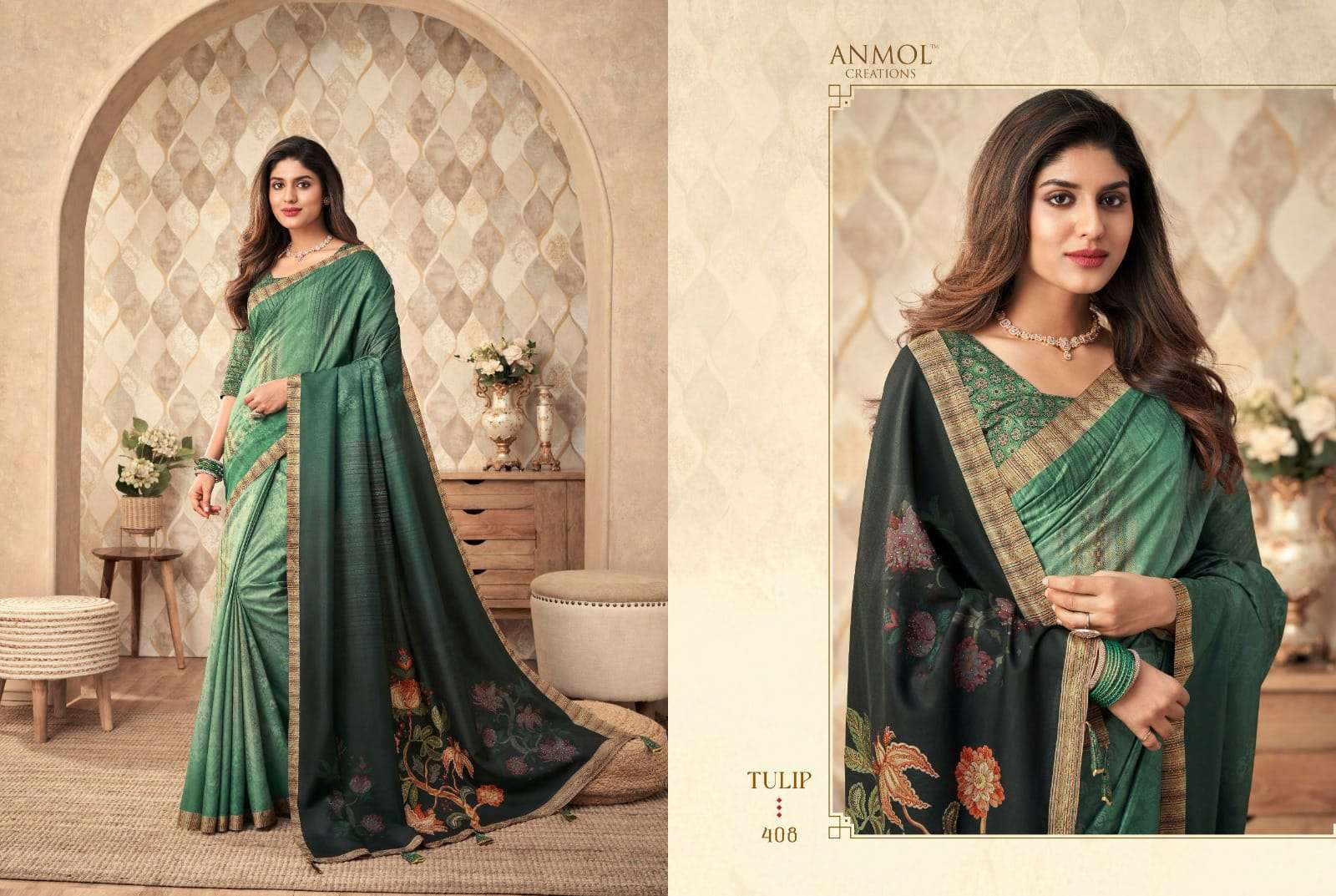Tulip Vol-4 By Anmol Creation 401 To 409 Series Indian Traditional Wear Collection Beautiful Stylish Fancy Colorful Party Wear & Occasional Wear Fancy Sarees At Wholesale Price