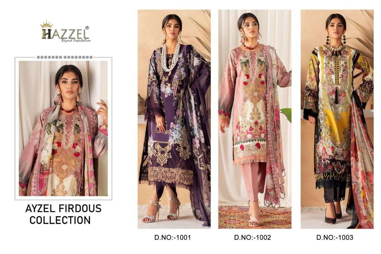 Ayzel Firdous Collection By Hazzel 1001 To 1003 Series Beautiful Pakistani Suits Colorful Stylish Fancy Casual Wear & Ethnic Wear Pure Cotton Print With Embroidered Dresses At Wholesale Price