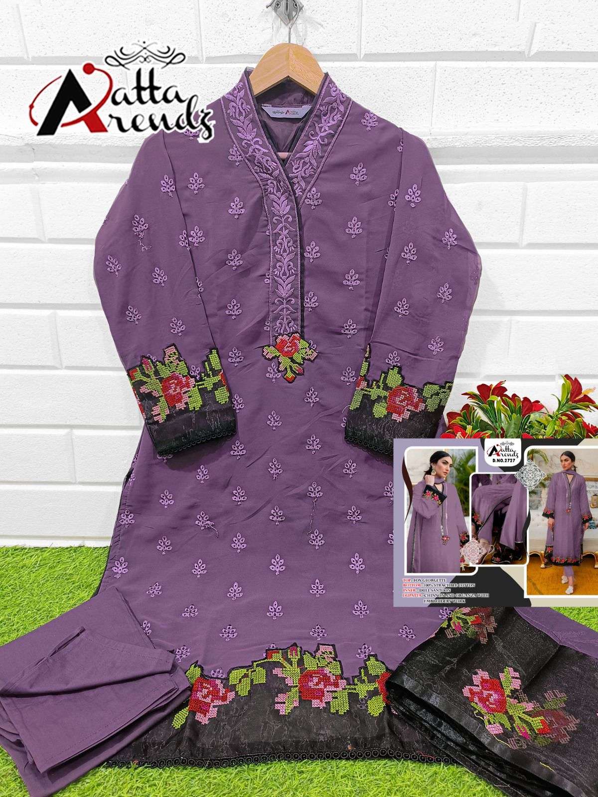 Atta Trendz 2727 Colours By Atta Trendz 2727-A To 2727-C Series Beautiful Pakistani Suits Colorful Stylish Fancy Casual Wear & Ethnic Wear Faux Georgette Embroidered Dresses At Wholesale Price