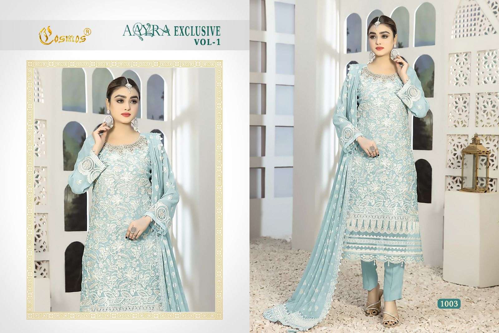 Aayra Exclusive Vol-1 By Cosmos 1001 To 1004 Series Beautiful Stylish Pakistani Suits Fancy Colorful Casual Wear & Ethnic Wear & Ready To Wear Pure Faux Georgette Embroidery Dresses At Wholesale Price