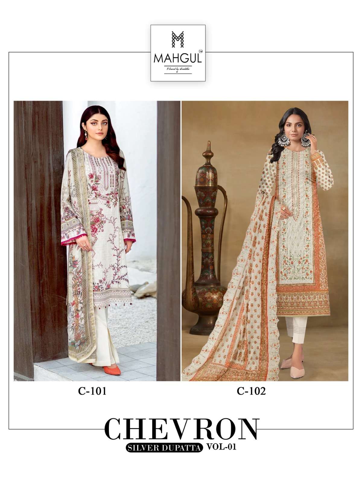 Chevron Vol-1 By Mahgul 101 To 102 Series Pakistani Stylish Beautiful Colourful Printed & Embroidered Party Wear & Occasional Wear Lawn Cotton Print With Work Dresses At Wholesale Price