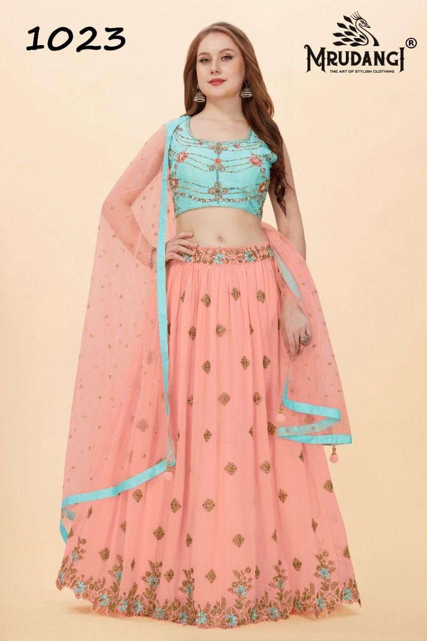 Apsara Vol-3 By Mrudangi 1021 To 1024 Series Indian Traditional Beautiful Stylish Designer Banarasi Silk Jacquard Embroidered Party Wear Georgette Lehengas At Wholesale Price