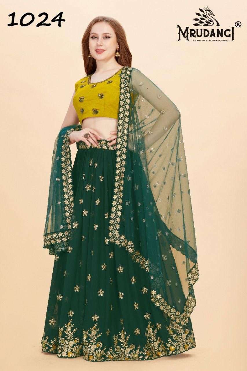 Apsara Vol-3 By Mrudangi 1021 To 1024 Series Indian Traditional Beautiful Stylish Designer Banarasi Silk Jacquard Embroidered Party Wear Georgette Lehengas At Wholesale Price