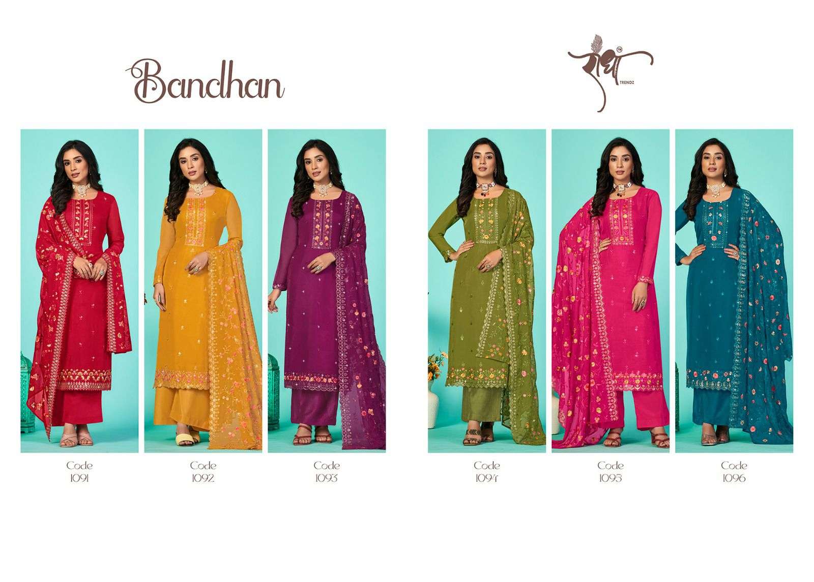 Bandhan By Radha Trendz 1091 To 1096 Series Beautiful Festive Suits Colorful Stylish Fancy Casual Wear & Ethnic Wear Organza Embroidery Dresses At Wholesale Price