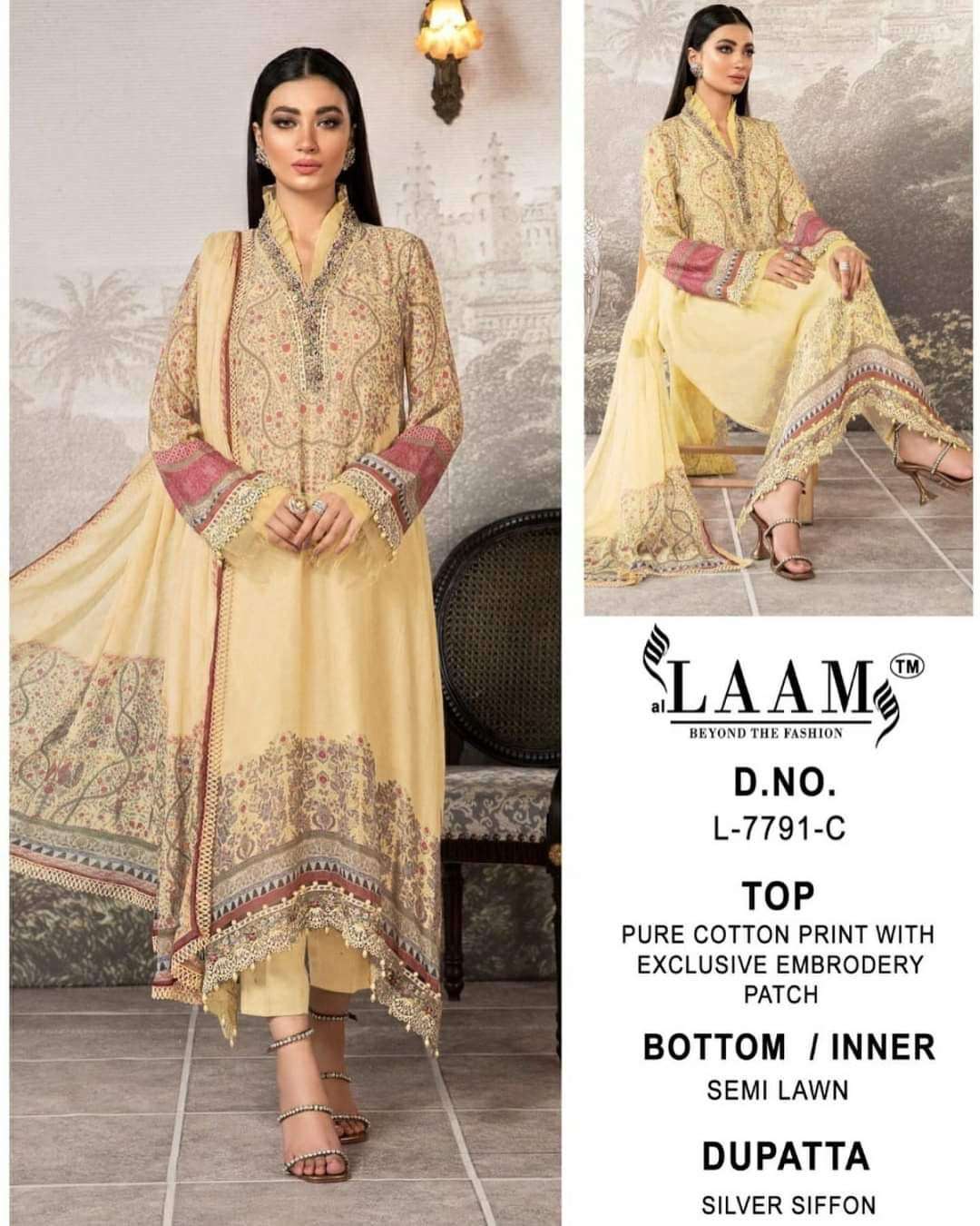 Laam Hit Design 7791 Colours By Fashid Wholesale 7791-B To 7791-F Series Pakistani Stylish Beautiful Colourful Printed & Embroidered Party Wear & Occasional Wear Cambric Cotton With Work Dresses At Wholesale Price