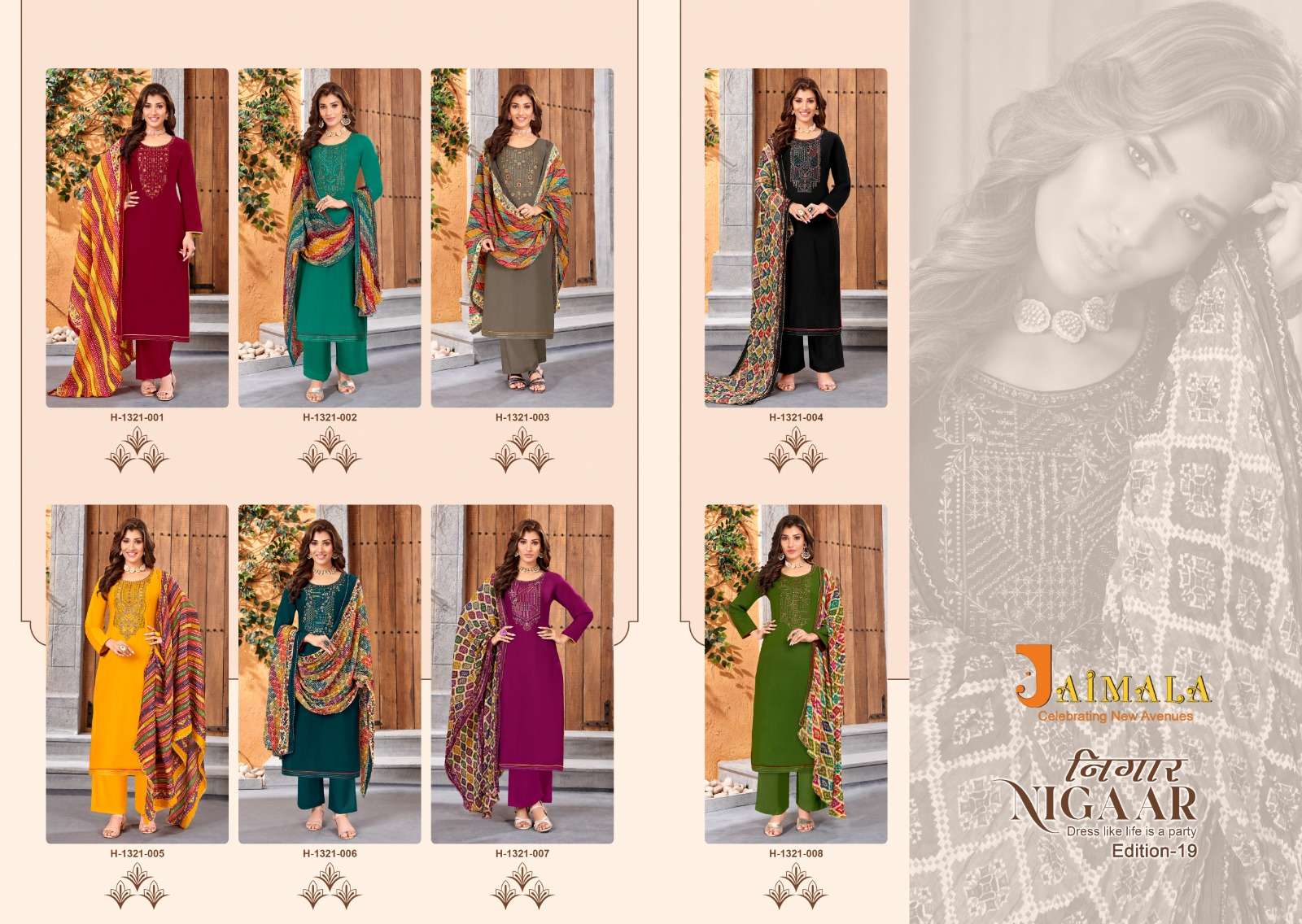 Nigaar Vol-19 By Jaimala 1321-001 To 1321-008 Series Designer Festive Suits Beautiful Fancy Stylish Colorful Party Wear & Occasional Wear Pure Rayon Slub Dresses At Wholesale Price