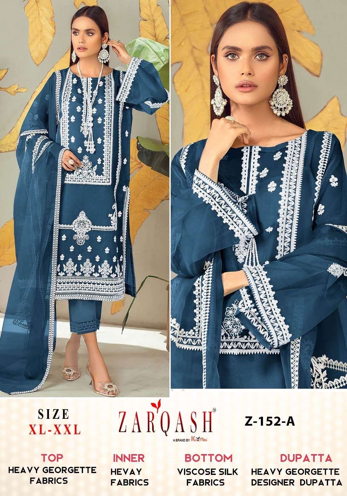 Zarqash Hit Design 152 Colours By Zarqash 152-A To 152-C Series Pakistani Suits Beautiful Fancy Colorful Stylish Party Wear & Occasional Wear Heavy Georgette Embroidery Dresses At Wholesale Price