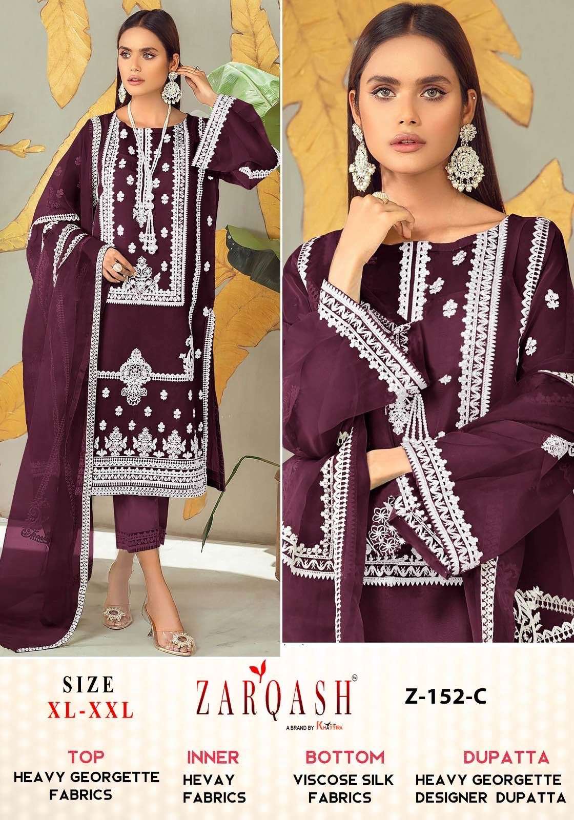 Zarqash Hit Design 152 Colours By Zarqash 152-A To 152-C Series Pakistani Suits Beautiful Fancy Colorful Stylish Party Wear & Occasional Wear Heavy Georgette Embroidery Dresses At Wholesale Price