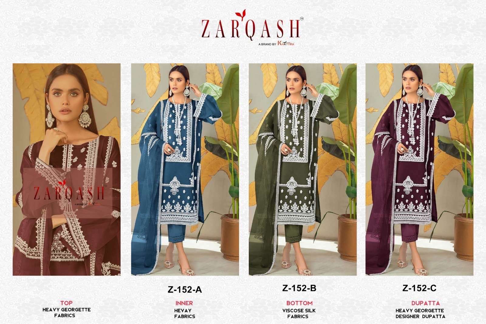 Zarqash Hit Design 152 Colours By Zarqash 152-A To 152-C Series Pakistani Suits Beautiful Fancy Colorful Stylish Party Wear & Occasional Wear Heavy Georgette Embroidery Dresses At Wholesale Price