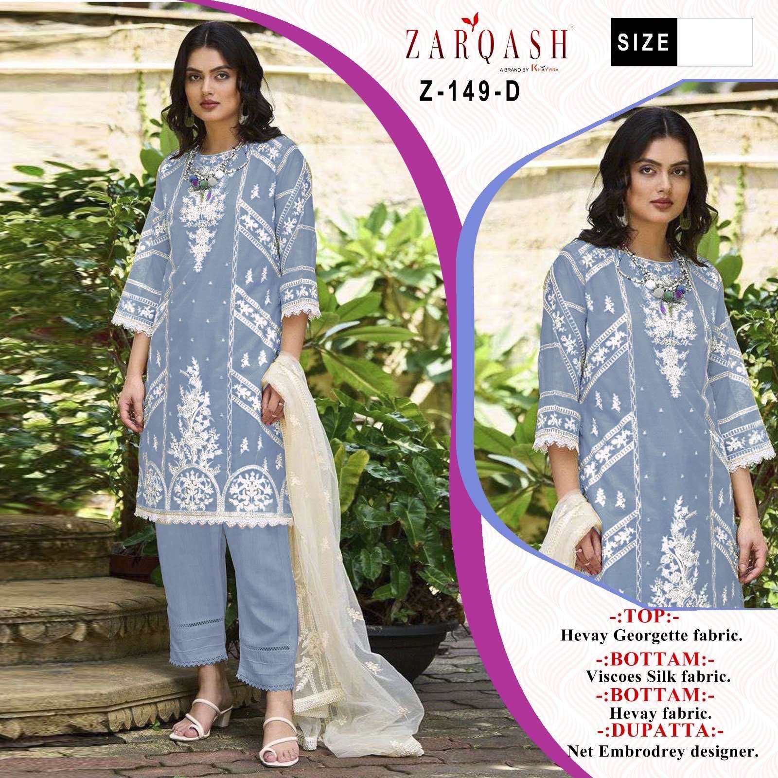 Zarqash Hit Design 149 Colours By Zarqash 149-A To 149-D Series Pakistani Suits Beautiful Fancy Colorful Stylish Party Wear & Occasional Wear Heavy Georgette Embroidery Dresses At Wholesale Price