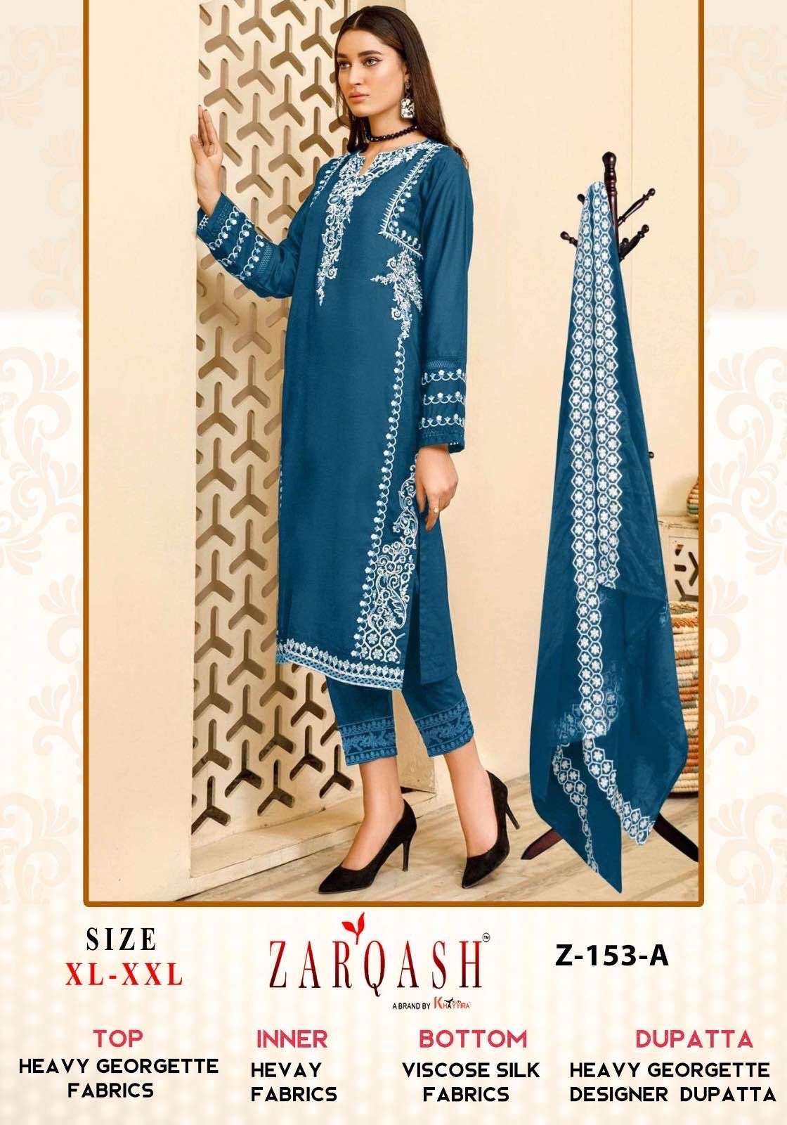 Zarqash Hit Design 153 Colours By Zarqash 153-A To 153-C Series Pakistani Suits Beautiful Fancy Colorful Stylish Party Wear & Occasional Wear Heavy Georgette Embroidery Dresses At Wholesale Price