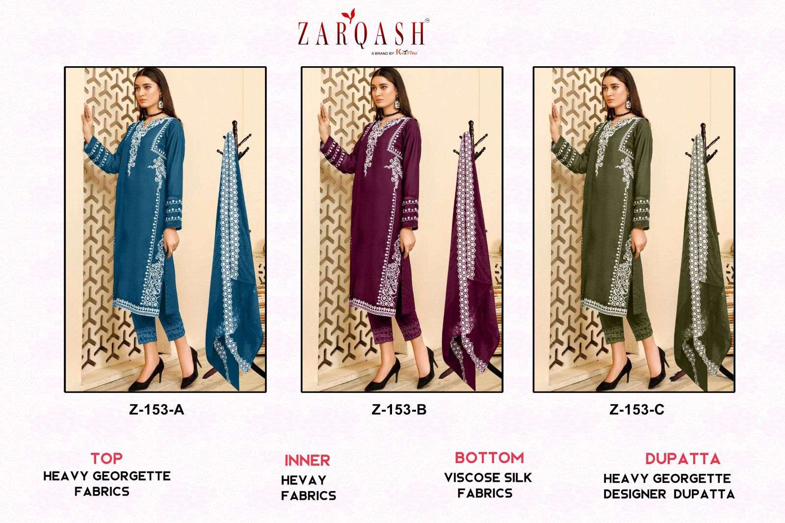 Zarqash Hit Design 153 Colours By Zarqash 153-A To 153-C Series Pakistani Suits Beautiful Fancy Colorful Stylish Party Wear & Occasional Wear Heavy Georgette Embroidery Dresses At Wholesale Price