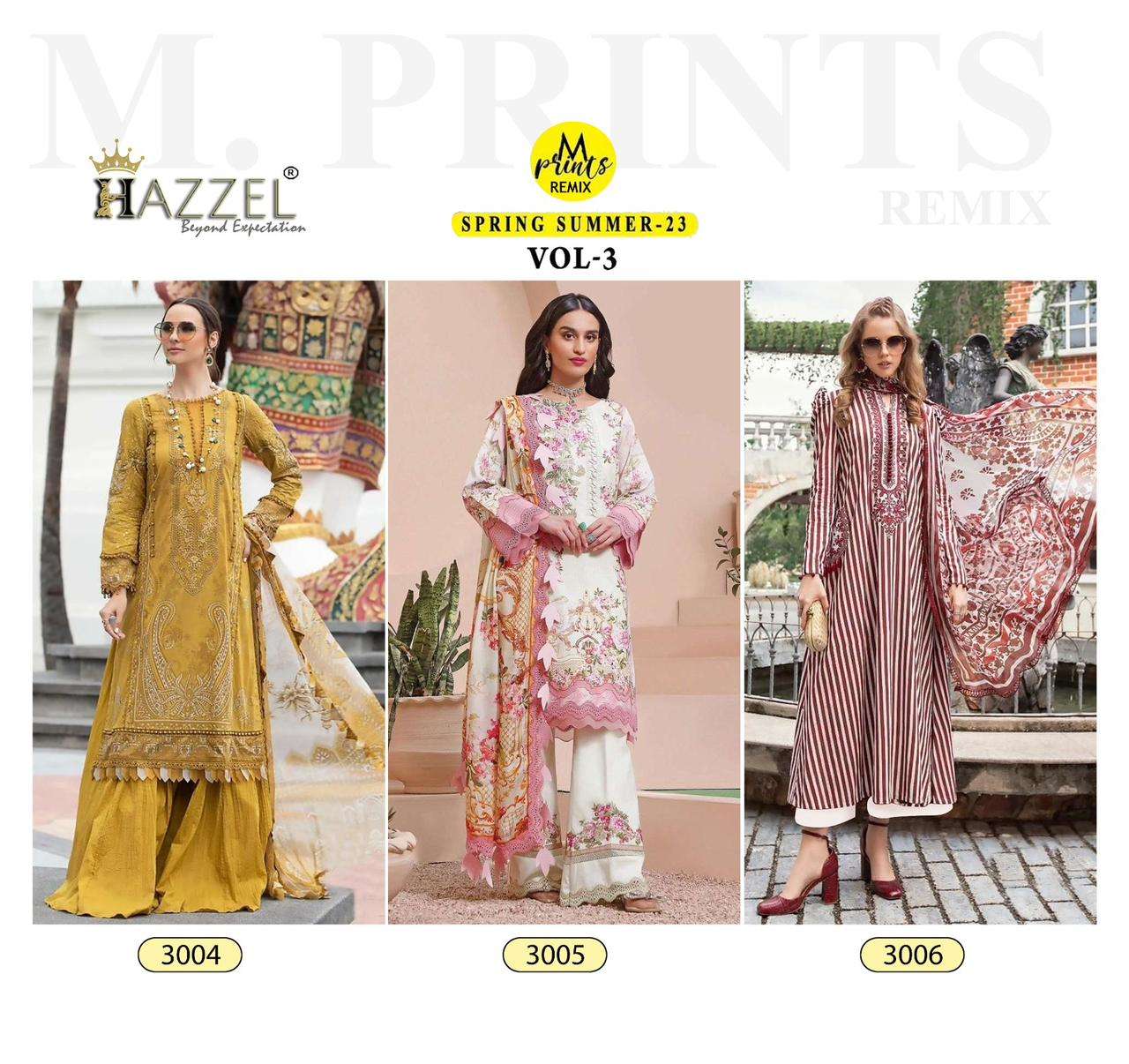 Mprints Spring Summer-23 Vol-3 By Hazzel 3004 To 3006 Series Beautiful Pakistani Suits Stylish Colorful Fancy Casual Wear & Ethnic Wear Pure Cotton Print With Work Dresses At Wholesale Price