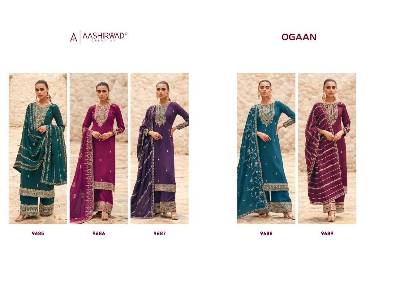 Ogaan By Aashirwad Creation 9685 To 9689 Series Beautiful Festive Suits Colorful Stylish Fancy Casual Wear & Ethnic Wear Premium Silk Dresses At Wholesale Price