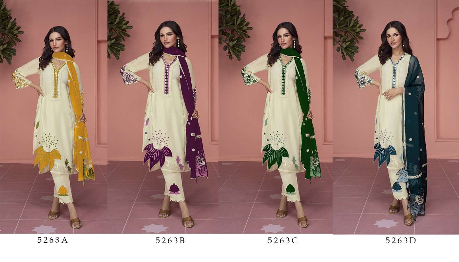 Sayuri 5263 Colours By Fashid Wholesale 5263-A To 5263-D Series Beautiful Sharara Suits Stylish Colorful Fancy Casual Wear & Ethnic Wear Faux Georgette Embroidered Dresses At Wholesale Price