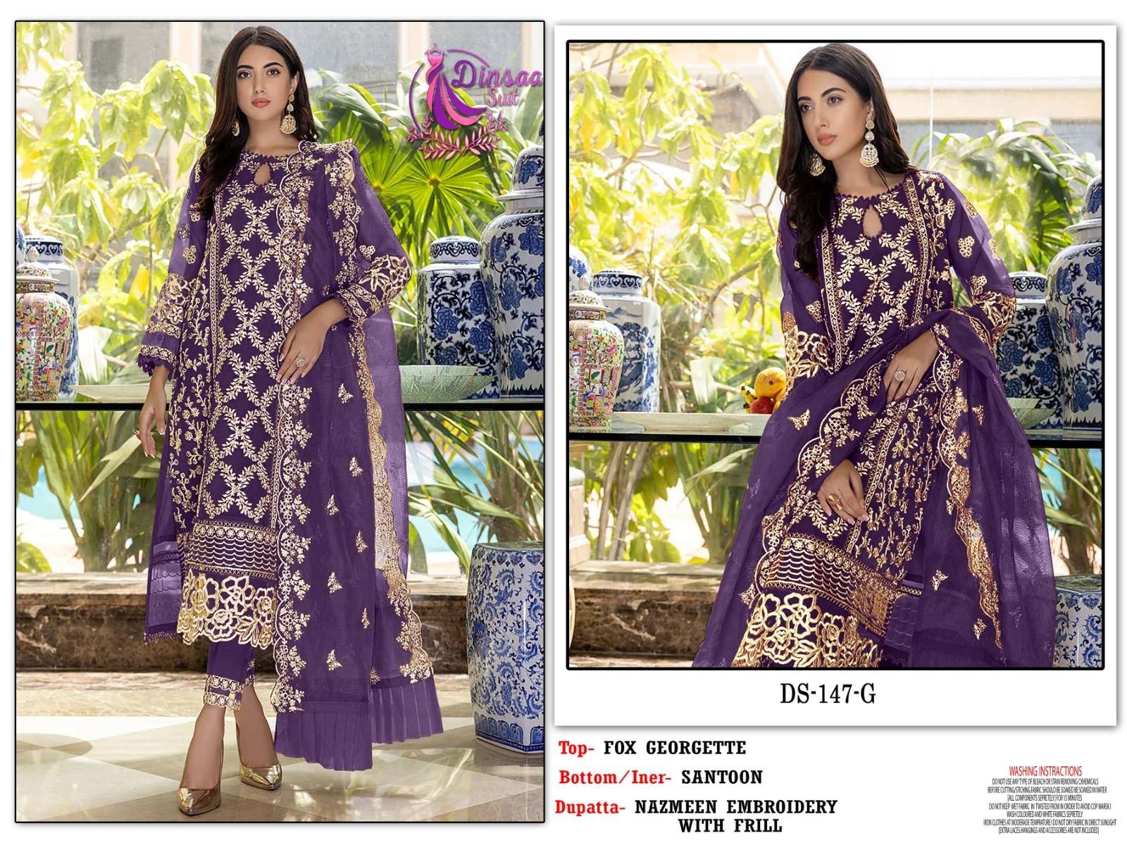 Dinsaa Hit Design 147 Colours Vol-2 By Dinsaa Suits 147-E To 147-H Series Beautiful Stylish Pakistani Suits Fancy Colorful Casual Wear & Ethnic Wear & Ready To Wear Faux Georgette Embroidered Dresses At Wholesale Price