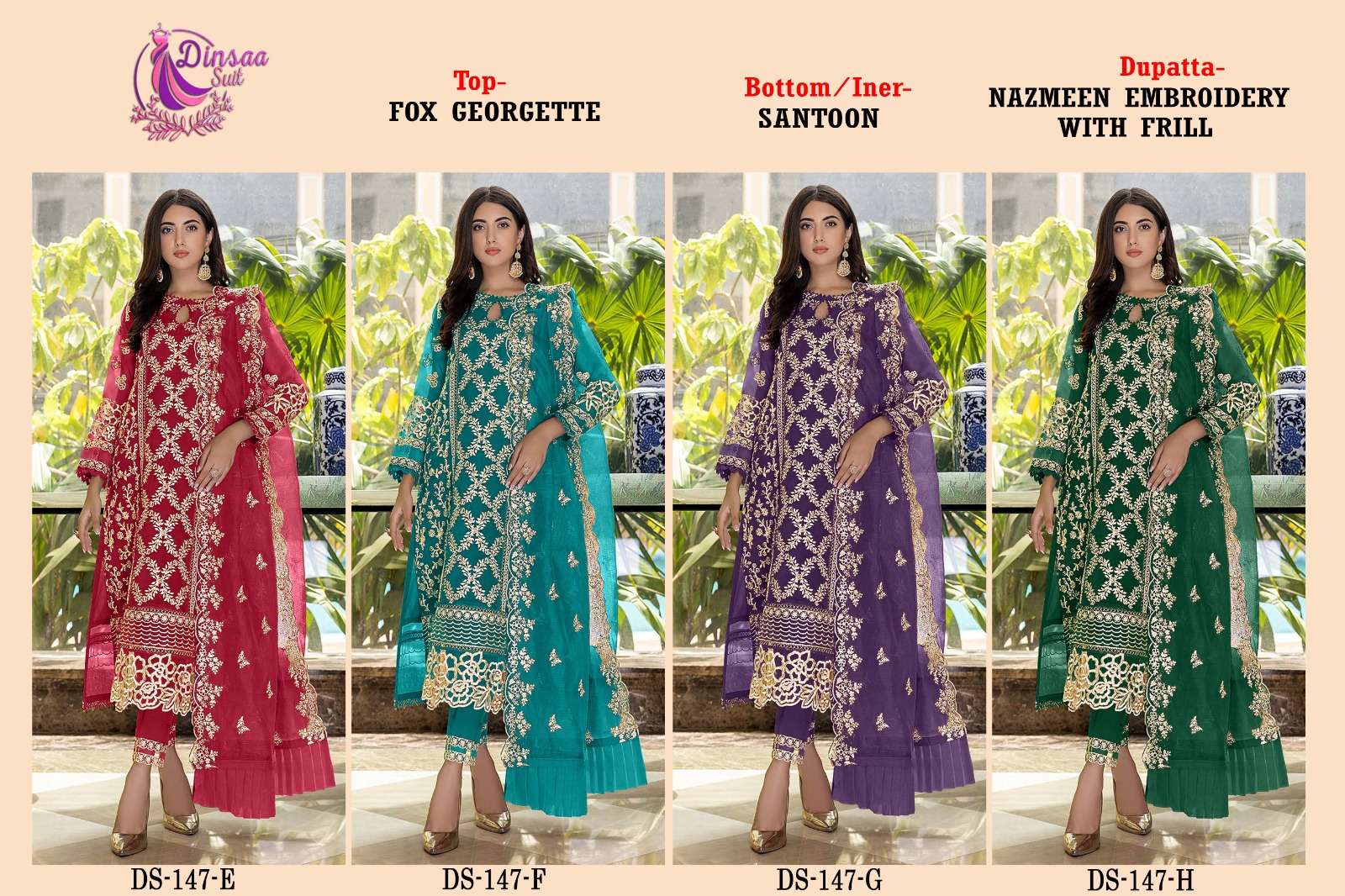 Dinsaa Hit Design 147 Colours Vol-2 By Dinsaa Suits 147-E To 147-H Series Beautiful Stylish Pakistani Suits Fancy Colorful Casual Wear & Ethnic Wear & Ready To Wear Faux Georgette Embroidered Dresses At Wholesale Price