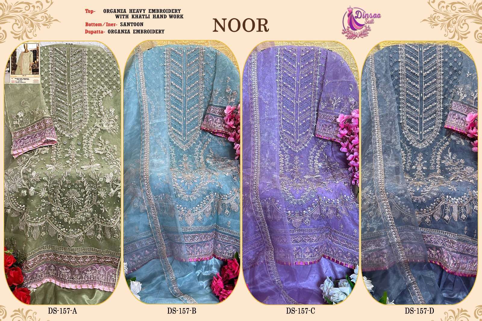 Dinsaa Hit Design 157 Colours By Dinssa Suits 157-A To 157-D Series Pakistani Suits Beautiful Fancy Colorful Stylish Party Wear & Occasional Wear Organza With Embroidery Dresses At Wholesale Price