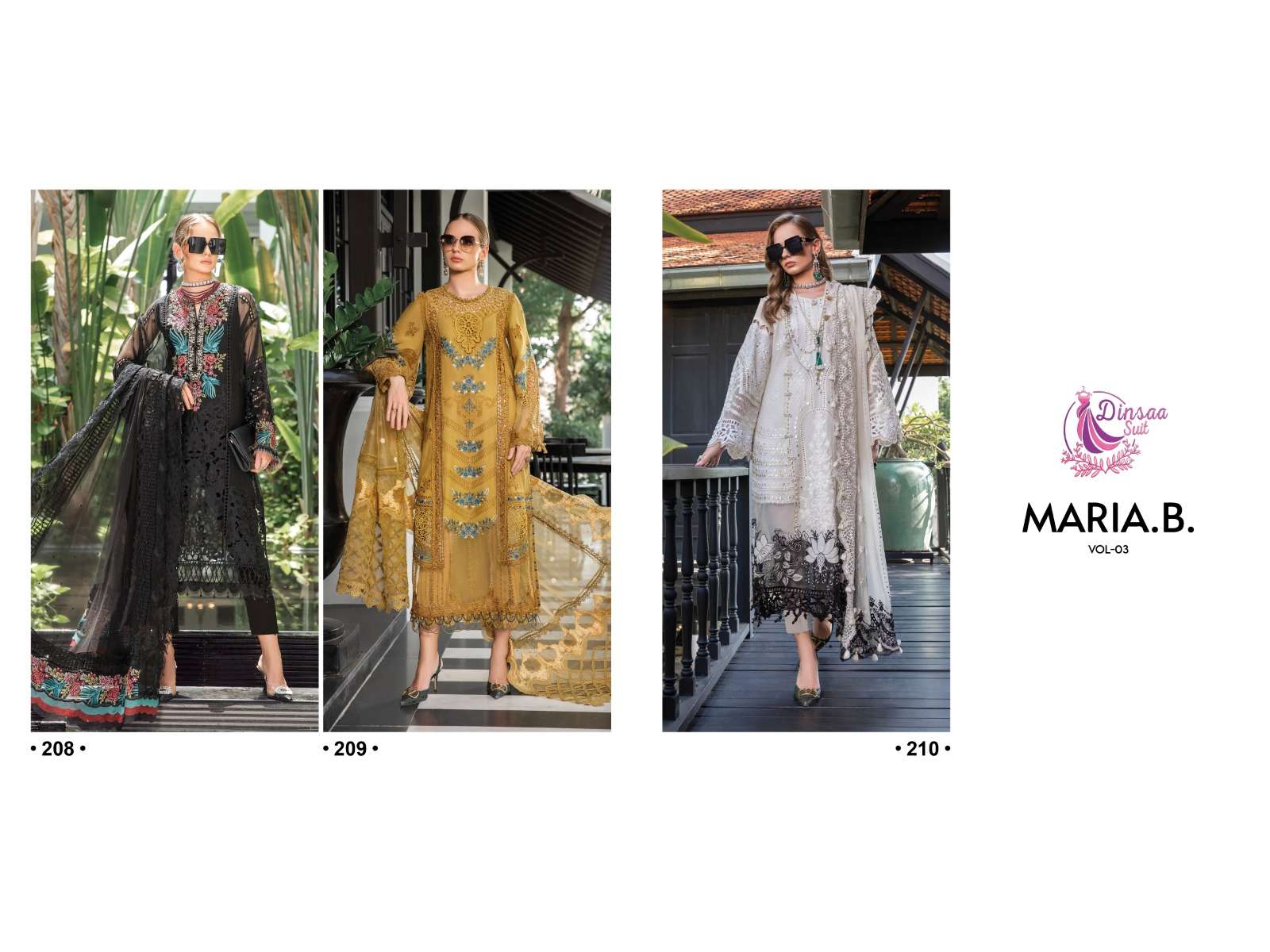 Maria.B. Vol-3 By Dinsaa Suits 208 To 210 Series Beautiful Pakistani Suits Colorful Stylish Fancy Casual Wear & Ethnic Wear Pure Cotton Embroidered Dresses At Wholesale Price