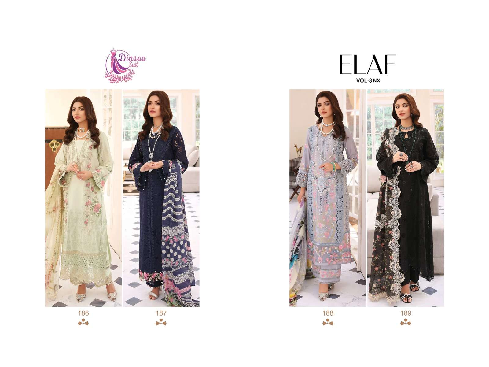 Elaf Vol-3 Nx By Dinsaa Suits 186 To 189 Series Beautiful Pakistani Suits Colorful Stylish Fancy Casual Wear & Ethnic Wear Pure Cotton Embroidered Dresses At Wholesale Price