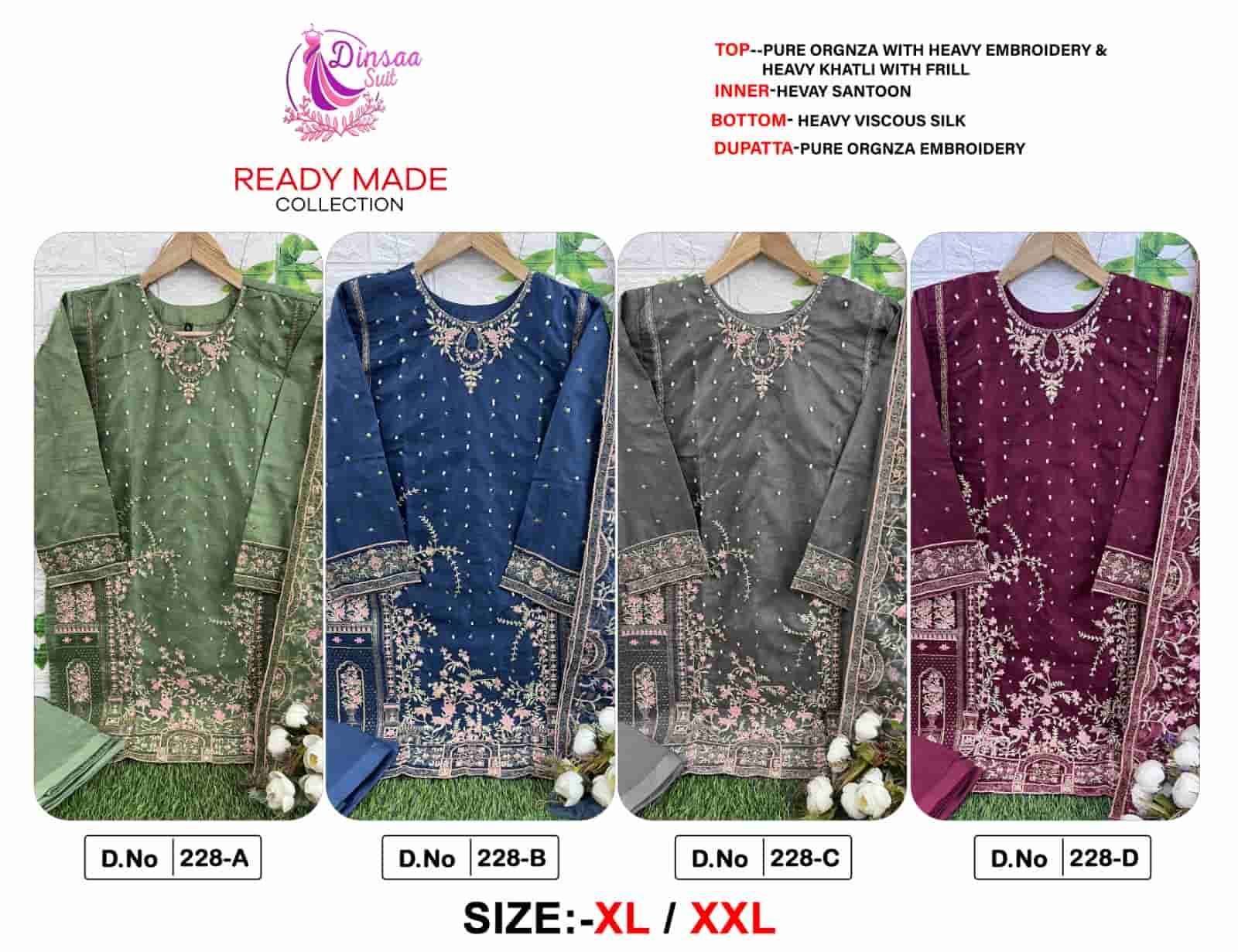 Dinsaa Hit Design 228 Colours By Dinsaa Suits 228-A To 228-D Series Pakistani Suits Collection Beautiful Stylish Fancy Colorful Party Wear & Occasional Wear Pure Organza Embroidered Dresses At Wholesale Price