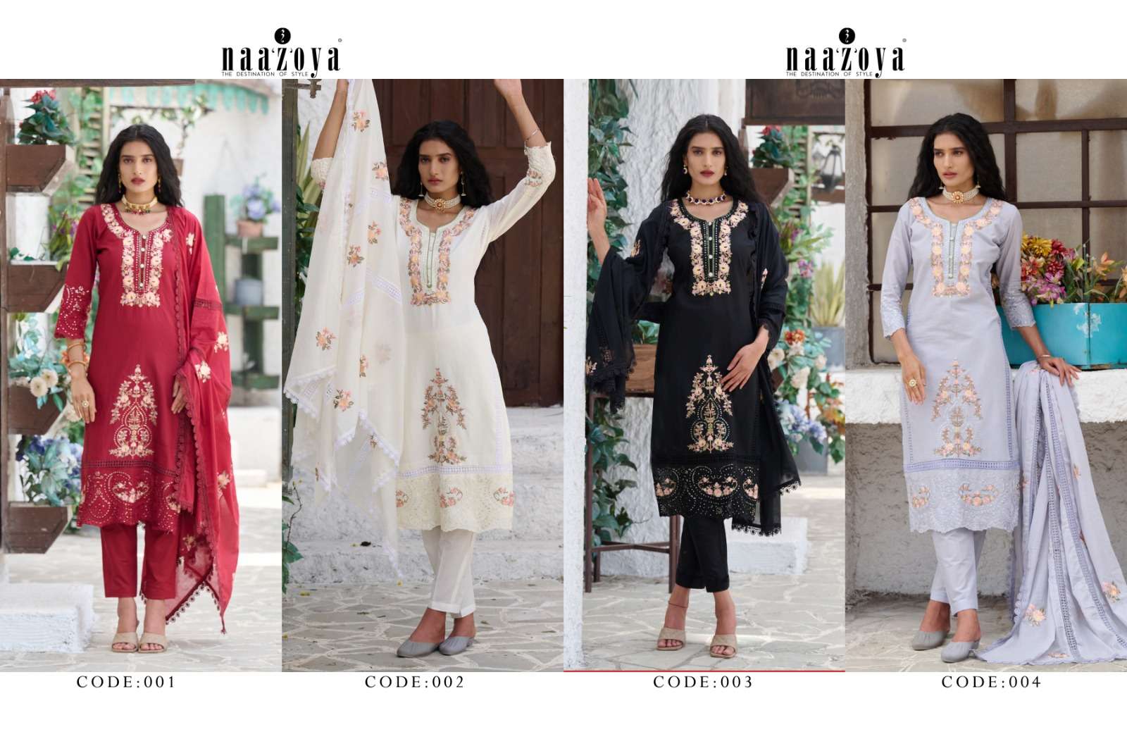 Naazoya By Nazakat 001 To 004 Series Beautiful Stylish Festive Suits Fancy Colorful Casual Wear & Ethnic Wear & Ready To Wear Cambric Cotton Embroidered Dresses At Wholesale Price