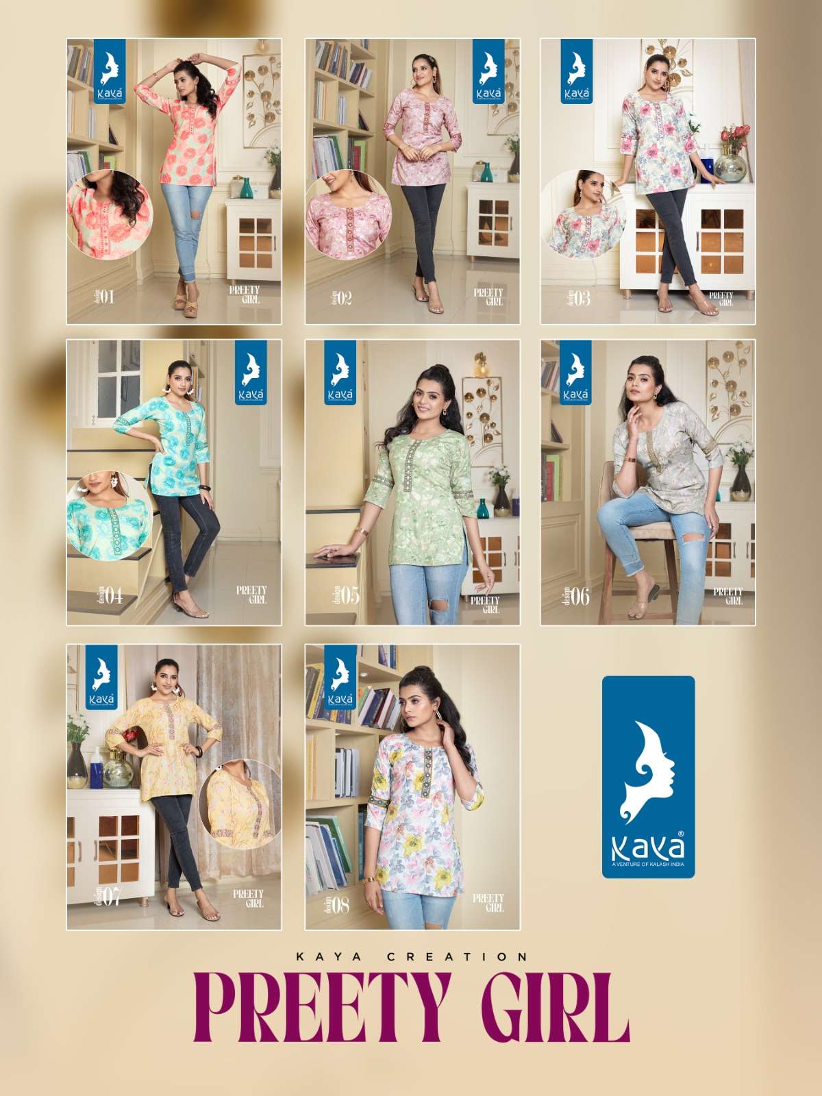Preety Girl By Kaya 01 To 08 Series Beautiful Stylish Fancy Colorful Casual Wear & Ethnic Wear Rayon Foil Print Tops At Wholesale Price