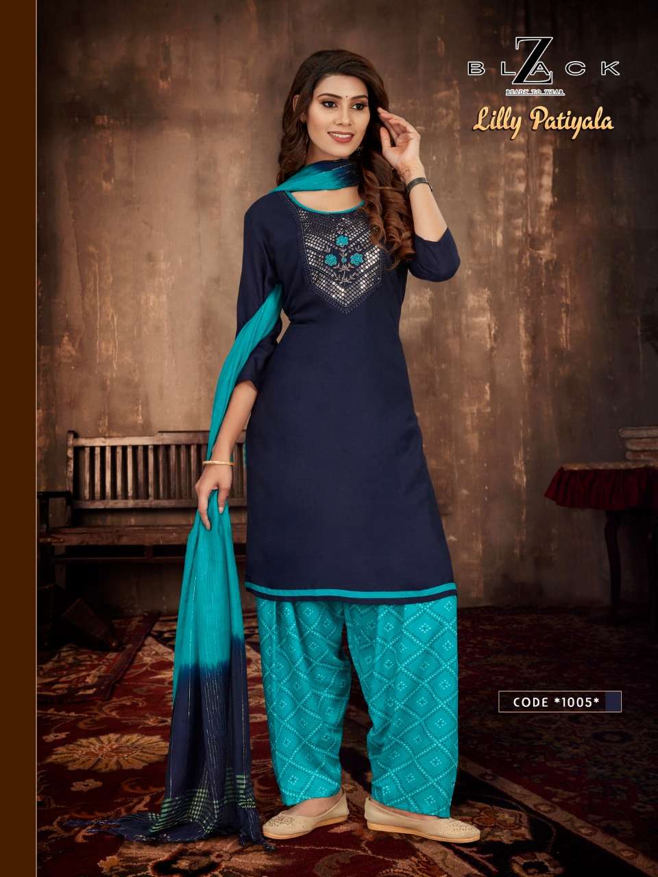 Lilly Patiyala By Z Black 1001 To 1006 Series Beautiful Festive Collection Suits Stylish Fancy Colorful Casual Wear & Ethnic Wear Rayon With Work Dresses At Wholesale Price