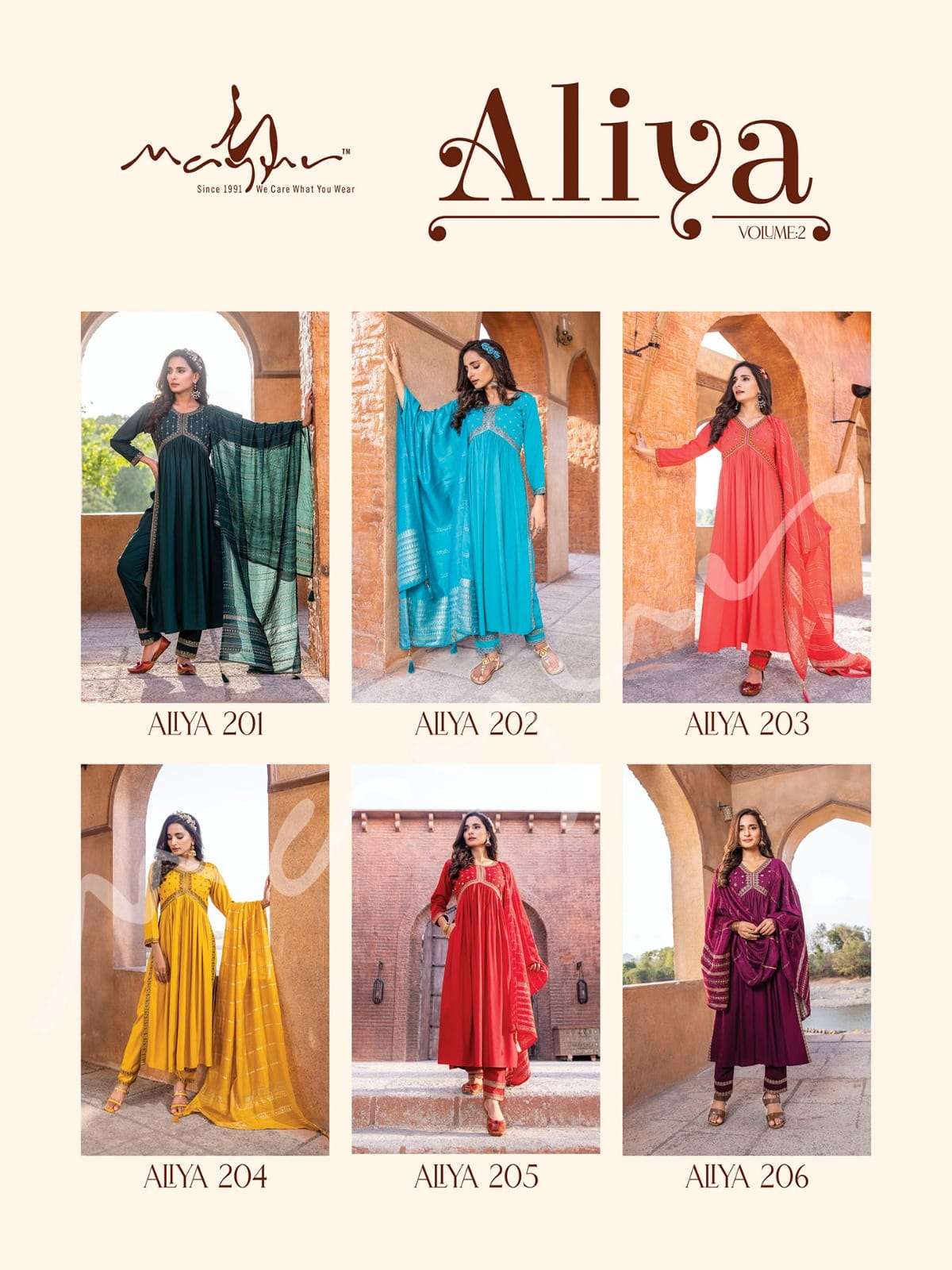 Aliya Vol-2 By Mayur 201 To 206 Series Beautiful Suits Colorful Stylish Fancy Casual Wear & Ethnic Wear Heavy Rayon Dresses At Wholesale Price
