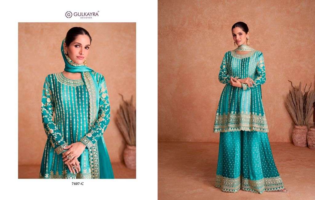 Vaani Vol-2 By Gulkayra Designer 7407-A To 7407-E Series Designer Festive Festive Suits Collection Beautiful Stylish Fancy Colorful Party Wear & Occasional Wear Chinnon Dresses At Wholesale Price