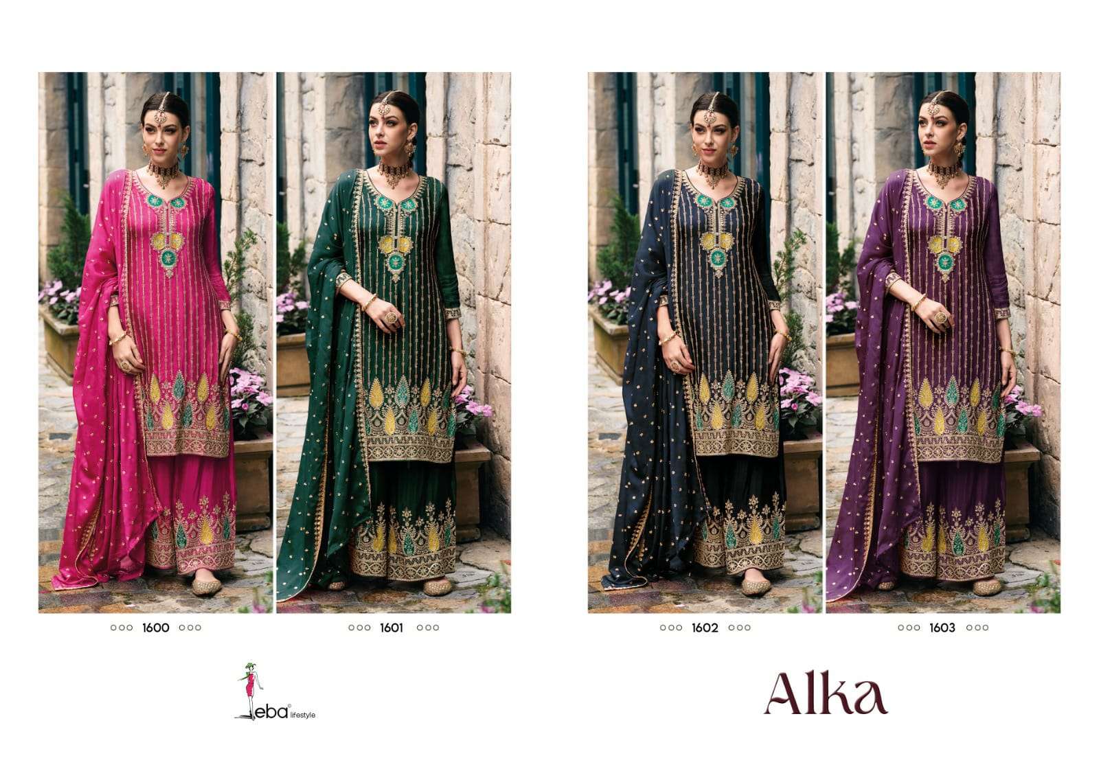 Alka By Eba Lifestyle 1600 To 1603 Series Designer Sharara Suits Beautiful Fancy Colorful Stylish Party Wear & Occasional Wear Heavy Chinnon Dresses At Wholesale Price