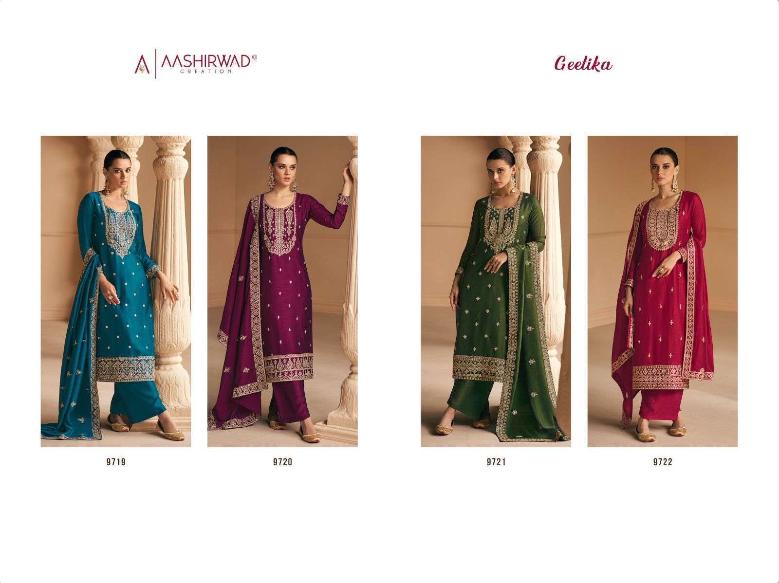 Geetika By Aashirwad Creation 9719 To 9722 Series Designer Festive Festive Suits Collection Beautiful Stylish Fancy Colorful Party Wear & Occasional Wear Premium Silk Dresses At Wholesale Price