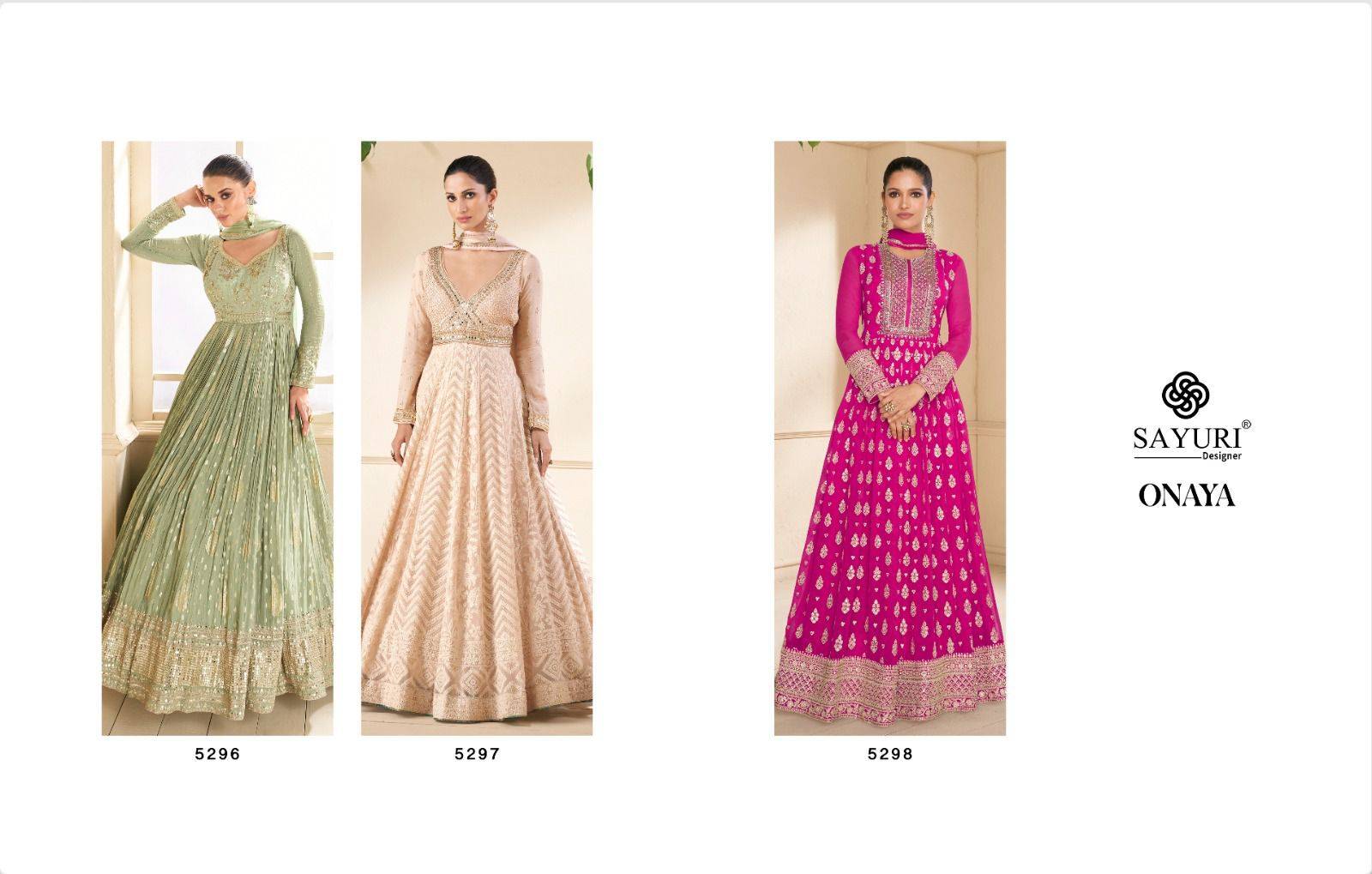Onaya By Sayuri 5296 To 5298 Series Beautiful Stylish Fancy Colorful Casual Wear & Ethnic Wear Georgette/Viscose Silk Gowns With Dupatta At Wholesale Price