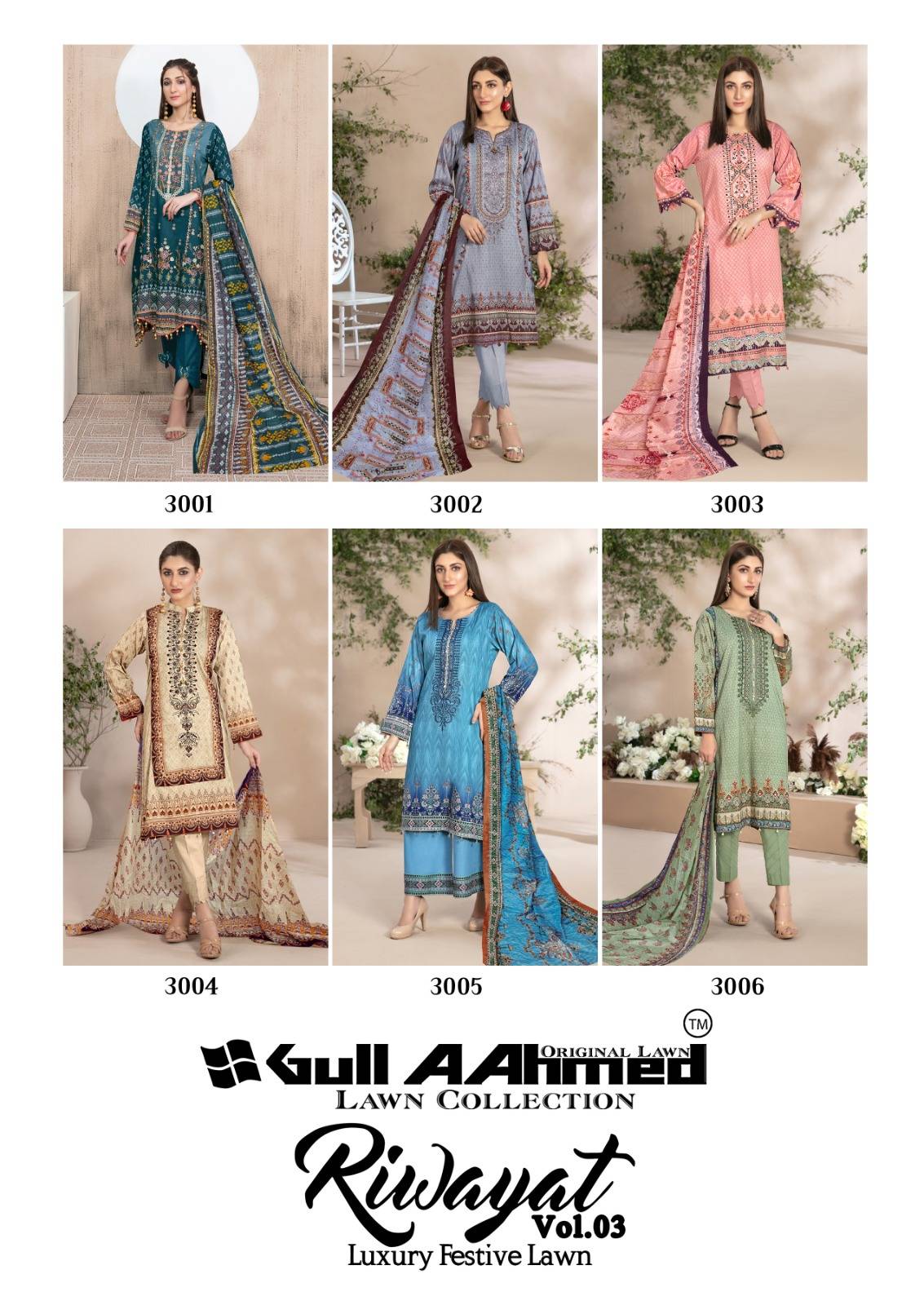 Riwayat Vol-3 By Gull Aahmed 3001 To 3006 Series Designer Festive Suits Beautiful Stylish Fancy Colorful Party Wear & Occasional Wear Pure Lawn Print Dresses At Wholesale Price