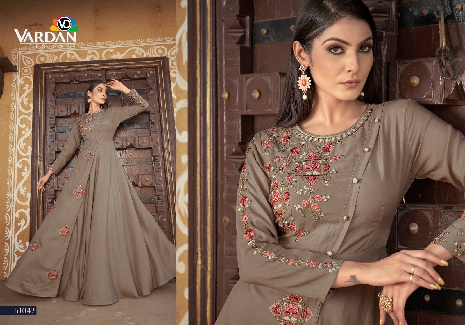 Sara Vol-1 By Vardan Designer 51041 To 51044 Series Beautiful Stylish Fancy Colorful Casual Wear & Ethnic Wear Heavy Muslin Gowns At Wholesale Price